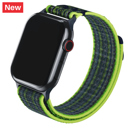 Cinturino Apple Watch in nylon con finitura resistente di colore verde fluo e blu
