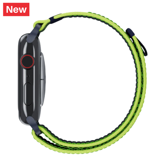 Cinturino Apple Watch in nylon con finitura resistente di colore verde fluo e blu laterale
