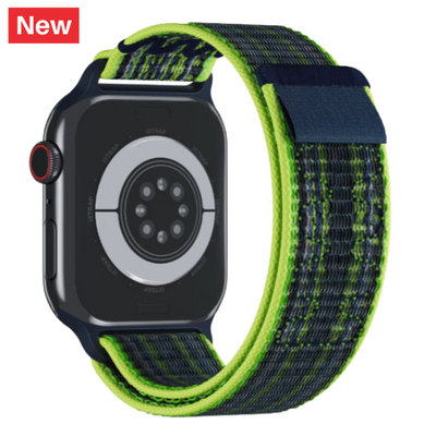 Cinturino Apple Watch in nylon con finitura resistente di colore verde fluo e blu visto da dietro
