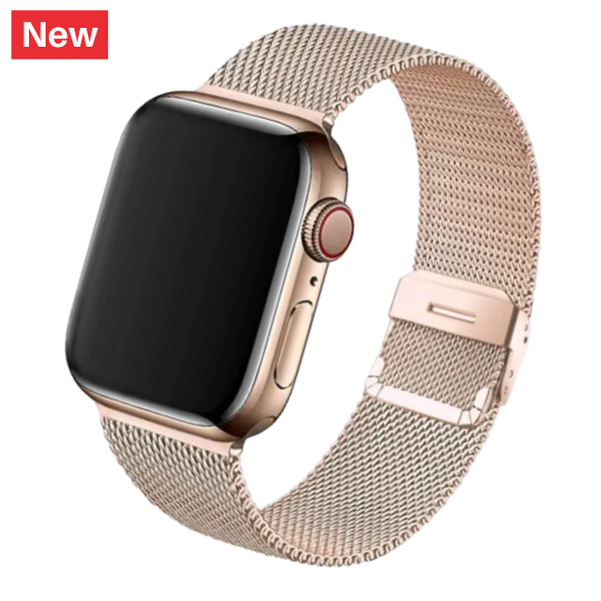 Cinturino Apple Watch in acciaio oro rosa in maglia milanese con chiusura a fibbia